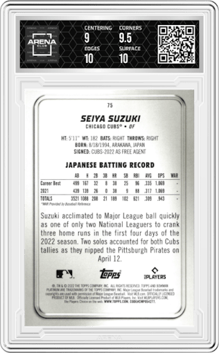 Seiya Suzuki from the 2022 Bowman Platinum set graded by Arena Club and given an overall grade of 9.5.