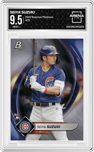 Seiya Suzuki from the 2022 Bowman Platinum set graded by Arena Club and given an overall grade of 9.5.