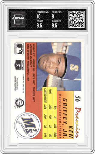 Ken Griffey, Jr.  from the 1991 O-PEE-CHEE Premier set graded by Arena Club and given an overall grade of 9.5.