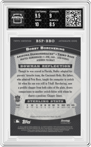 Bobby Borchering from the 2009 Bowman Sterling set graded by Arena Club and given an overall grade of 9.