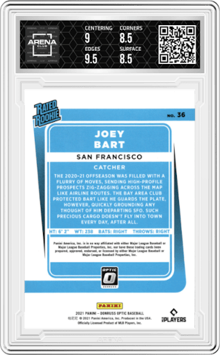 Joey Bart from the 2021 Panini Donruss Optic set graded by Arena Club and given an overall grade of 9.