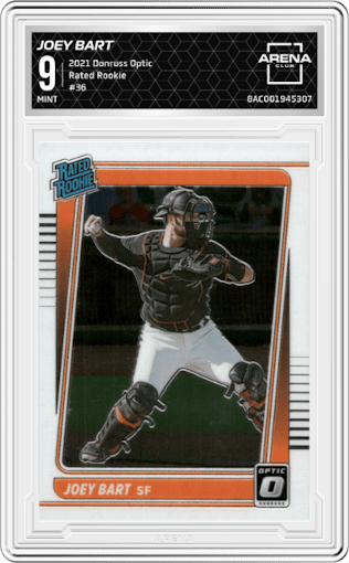 Joey Bart from the 2021 Panini Donruss Optic set graded by Arena Club and given an overall grade of 9.