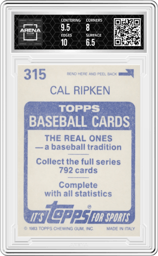 Cal Ripken from the 1983 Topps Stickers set graded by Arena Club and given an overall grade of 7.