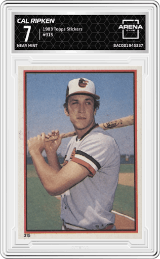 Cal Ripken from the 1983 Topps Stickers set graded by Arena Club and given an overall grade of 7.