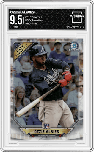 Ozzie Albies from the 2018 Bowman set graded by Arena Club and given an overall grade of 9.5.
