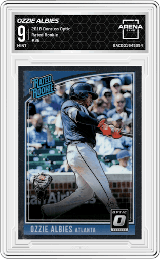 Ozzie Albies from the 2018 Panini Donruss Optic set graded by Arena Club and given an overall grade of 9.