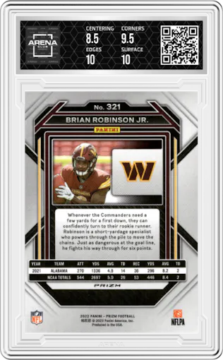 Brian Robinson Jr. from the 2022 Panini Prizm set featuring a Red/White/Blue Prizm parallel graded by Arena Club and given an overall grade of 9.