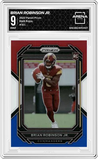 Brian Robinson Jr. from the 2022 Panini Prizm set featuring a Red/White/Blue Prizm parallel graded by Arena Club and given an overall grade of 9.