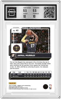 Jamal Murray from the 2022-23 Panini Donruss Optic  set featuring a Purple Shock parallel graded by Arena Club and given an overall grade of 10.