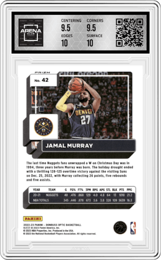 Jamal Murray from the 2022-23 Panini Donruss Optic  set featuring a Purple Shock parallel graded by Arena Club and given an overall grade of 10.