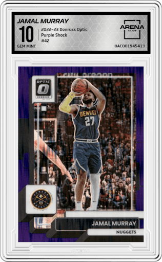 Jamal Murray from the 2022-23 Panini Donruss Optic  set featuring a Purple Shock parallel graded by Arena Club and given an overall grade of 10.
