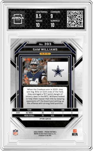 Sam Williams from the 2022 Panini Prizm set featuring a Red/White/Blue Prizm parallel graded by Arena Club and given an overall grade of 9.