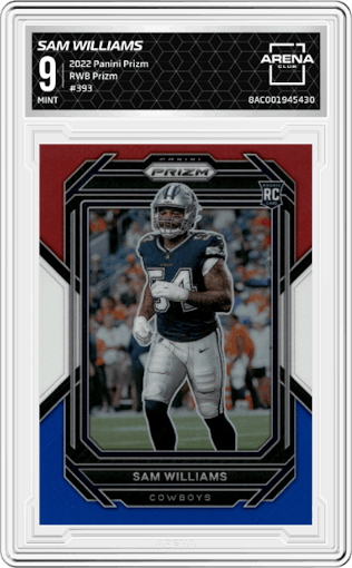 Sam Williams from the 2022 Panini Prizm set featuring a Red/White/Blue Prizm parallel graded by Arena Club and given an overall grade of 9.