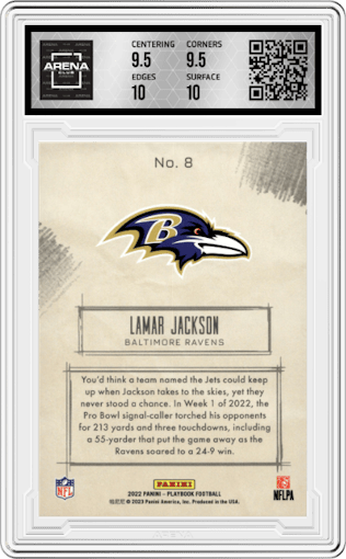 Lamar Jackson from the 2022 Panini Playbook set graded by Arena Club and given an overall grade of 10.