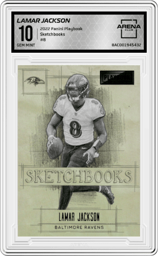 Lamar Jackson from the 2022 Panini Playbook set graded by Arena Club and given an overall grade of 10.