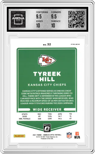 Tyreek Hill from the 2021 Panini Donruss Optic set featuring a Stars parallel graded by Arena Club and given an overall grade of 10.