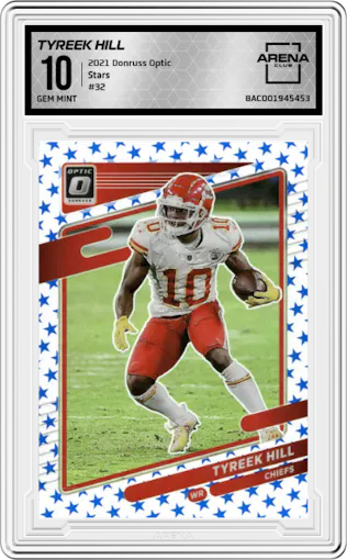 Tyreek Hill from the 2021 Panini Donruss Optic set featuring a Stars parallel graded by Arena Club and given an overall grade of 10.