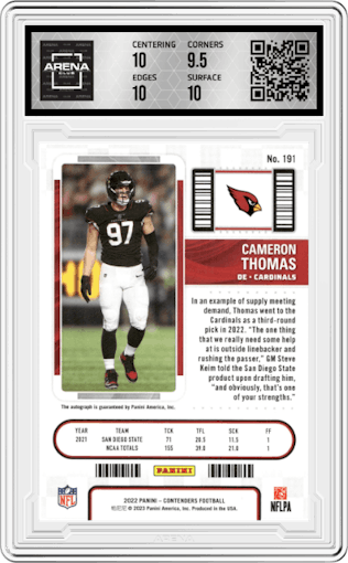 Cameron Thomas from the 2022 Panini Contenders set graded by Arena Club and given an overall grade of 10.