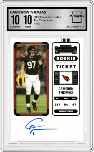 Cameron Thomas from the 2022 Panini Contenders set graded by Arena Club and given an overall grade of 10.