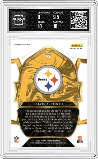 Calvin Austin III from the 2022 Panini Select set featuring a Silver Prizm parallel graded by Arena Club and given an overall grade of 9.5.