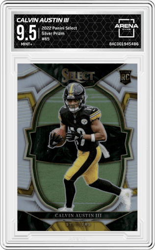Calvin Austin III from the 2022 Panini Select set featuring a Silver Prizm parallel graded by Arena Club and given an overall grade of 9.5.