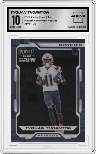 Tyquan Thornton from the 2022 Panini Chronicles set graded by Arena Club and given an overall grade of 10.
