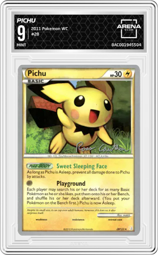 Pichu from the 2011 Pokemon World Championship set graded by Arena Club and given an overall grade of 9.