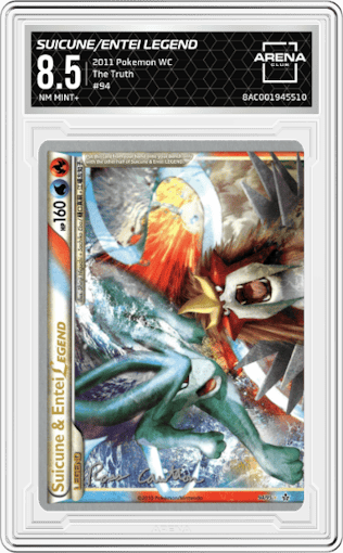 Suicune & Entei Legend from the 2011 Pokemon World Championship set featuring a The Truth parallel graded by Arena Club and given an overall grade of 8.5.