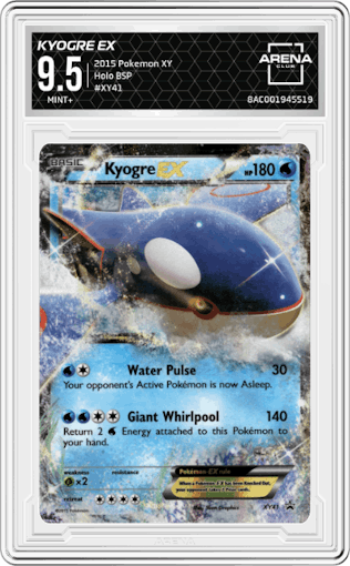 Kyogre EX from the 2015 Pokemon XY set graded by Arena Club and given an overall grade of 9.5.