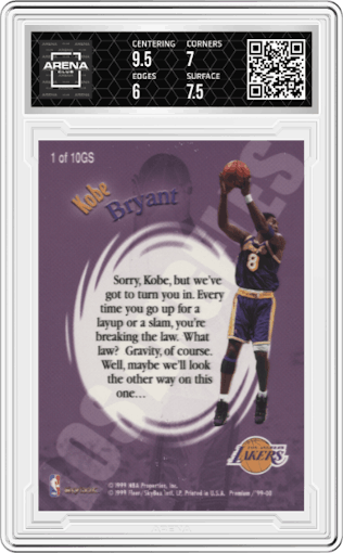 Kobe Bryant from the 1999-00 SkyBox Premium set graded by Arena Club and given an overall grade of 6.5.