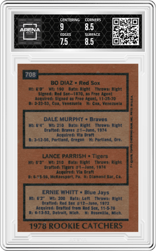 Bo Diaz/Dale Murphy/Lance Parish/Ernie Whitt from the 1978 Topps set graded by Arena Club and given an overall grade of 8.