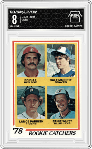 Bo Diaz/Dale Murphy/Lance Parish/Ernie Whitt from the 1978 Topps set graded by Arena Club and given an overall grade of 8.
