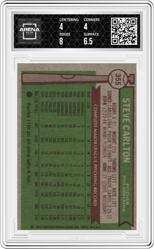 Steve Carlton from the 1976 Topps set graded by Arena Club and given an overall grade of 4.5.