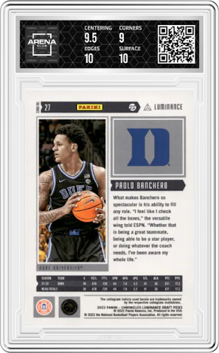 Paolo Banchero from the 2022-23 Panini Chronicles Draft Picks set graded by Arena Club and given an overall grade of 9.5.