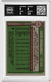 Keith Hernandez from the 1976 Topps set graded by Arena Club and given an overall grade of 4.