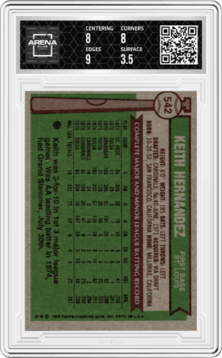 Keith Hernandez from the 1976 Topps set graded by Arena Club and given an overall grade of 4.