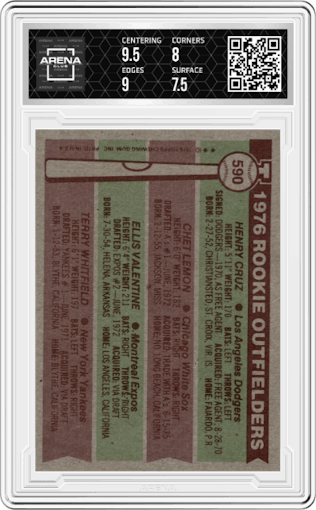 Henry Cruz/Chet Lemon/Ellis Valentine/Terry Whitfield from the 1976 Topps set graded by Arena Club and given an overall grade of 8.
