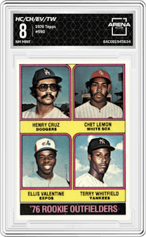 Henry Cruz/Chet Lemon/Ellis Valentine/Terry Whitfield from the 1976 Topps set graded by Arena Club and given an overall grade of 8.