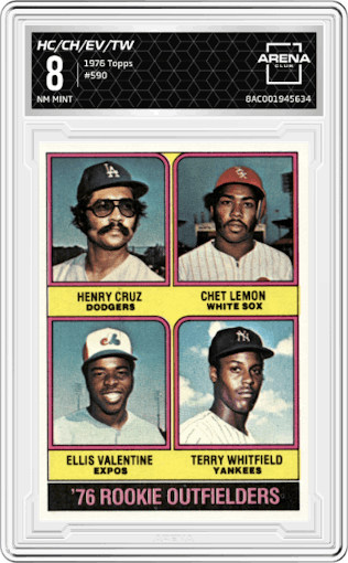 Henry Cruz/Chet Lemon/Ellis Valentine/Terry Whitfield from the 1976 Topps set graded by Arena Club and given an overall grade of 8.