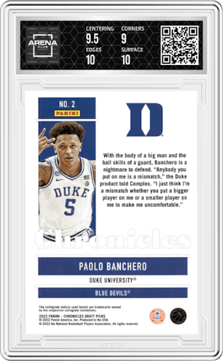 Paolo Banchero from the 2022-23 Panini Chronicles Draft Picks set graded by Arena Club and given an overall grade of 9.5.