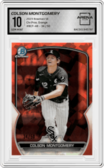 Colson Montgomery from the 2023 Bowman Sapphire Edition set featuring a Orange parallel graded by Arena Club and given an overall grade of 10.