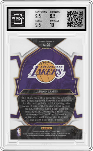 Lebron James from the 2022-23 Panini Select set graded by Arena Club and given an overall grade of 10.