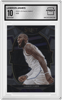 Lebron James from the 2022-23 Panini Select set graded by Arena Club and given an overall grade of 10.