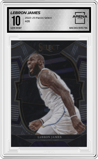 Lebron James from the 2022-23 Panini Select set graded by Arena Club and given an overall grade of 10.