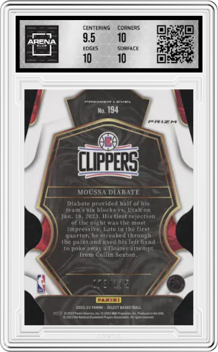 Moussa Diabate from the 2022-23 Panini Select set featuring a Die-Cut Maroon parallel graded by Arena Club and given an overall grade of 10.