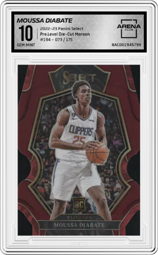 Moussa Diabate from the 2022-23 Panini Select set featuring a Die-Cut Maroon parallel graded by Arena Club and given an overall grade of 10.