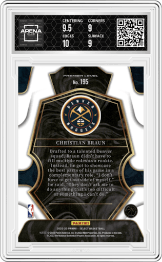 Christian Braun from the 2022-23 Panini Select set graded by Arena Club and given an overall grade of 9.5.