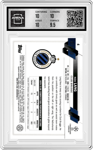 Noa Lang from the 2022-23 Topps Chrome UEFA Club Competitions set featuring a Pink Shimmer Refractor parallel graded by Arena Club and given an overall grade of 10.