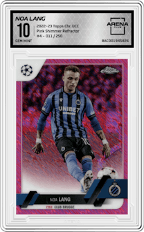 Noa Lang from the 2022-23 Topps Chrome UEFA Club Competitions set featuring a Pink Shimmer Refractor parallel graded by Arena Club and given an overall grade of 10.