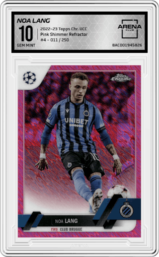 Noa Lang from the 2022-23 Topps Chrome UEFA Club Competitions set featuring a Pink Shimmer Refractor parallel graded by Arena Club and given an overall grade of 10.
